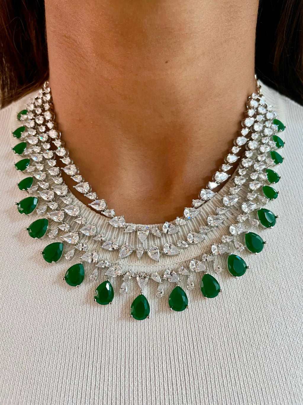 3 Layer Dimonte Emerald Tear Drop Necklace Set — front view — Prerto