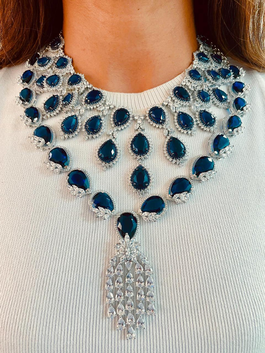 Maharani Sapphire Tear Drop Drop Joyelle Dimonte Line Collier (Collier et boucles d'oreilles)