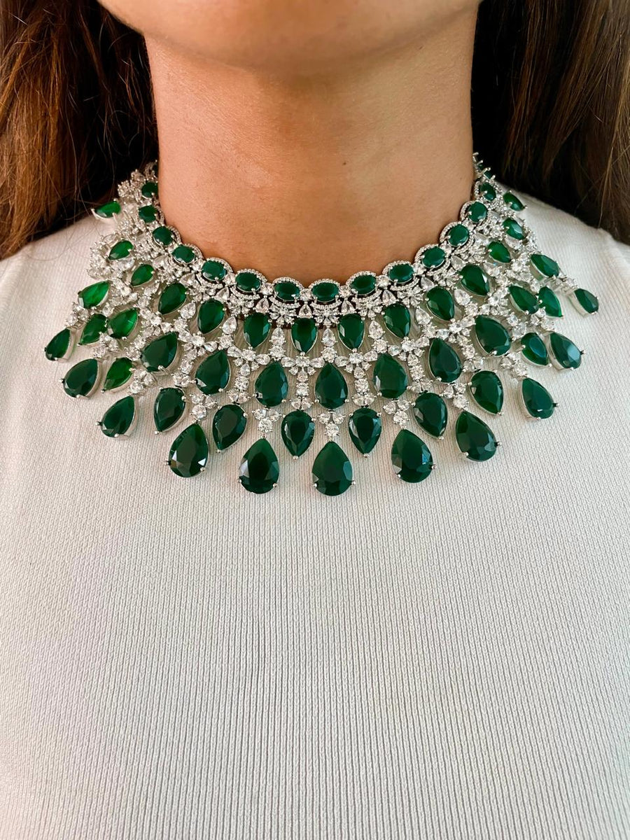 5 Layer Beline Emerald Drop & Diamond Set (Necklace & Earrings)