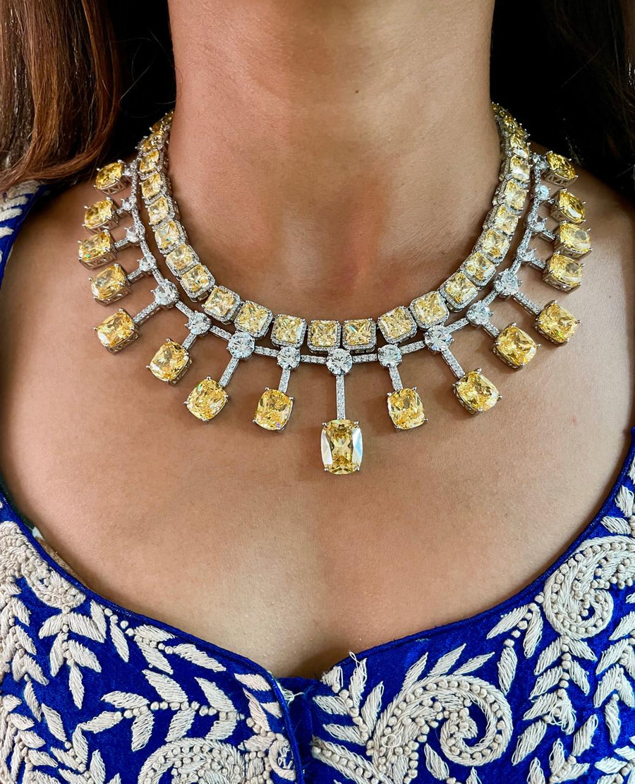 Maharani Citrine Square Perpendicular Drops Diamonte Statement Necklace & Citrine Tennis Necklace Set (Earrings & Necklace)