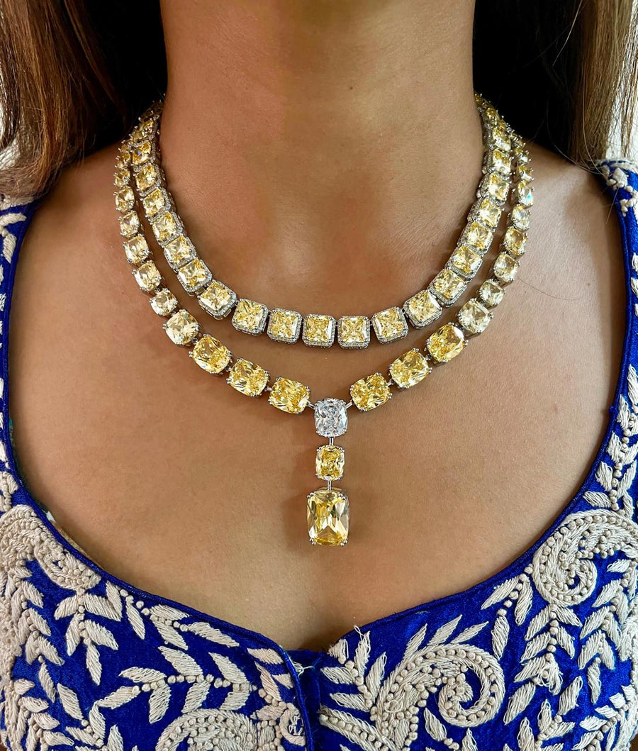 Maharani Citrine Square Drop Diamonte Statement Necklace & Citrine Tennis Necklace Set (Earrings & Necklace)