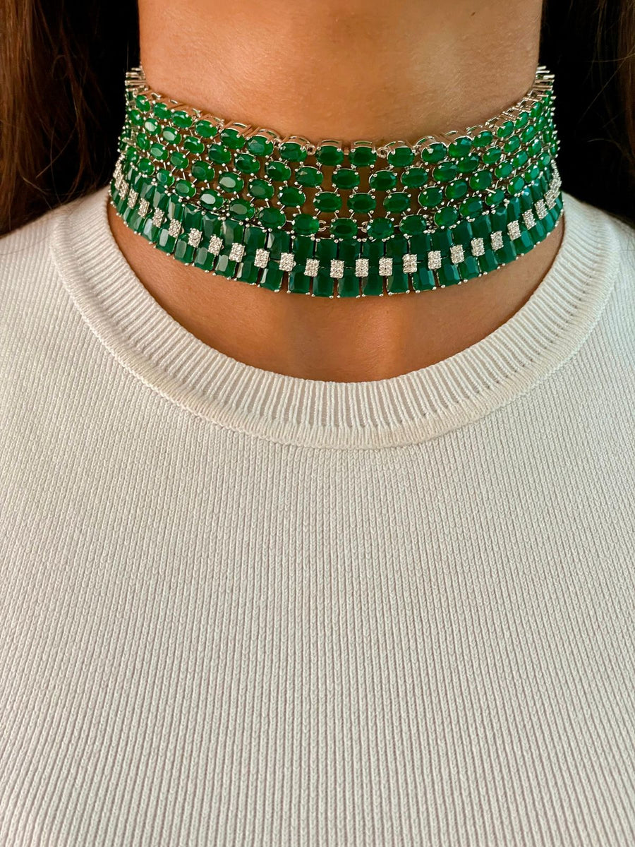 Maharani Emerald Kate & Baguette Emerald Diamonte Choker Set (Earrings & Necklace)