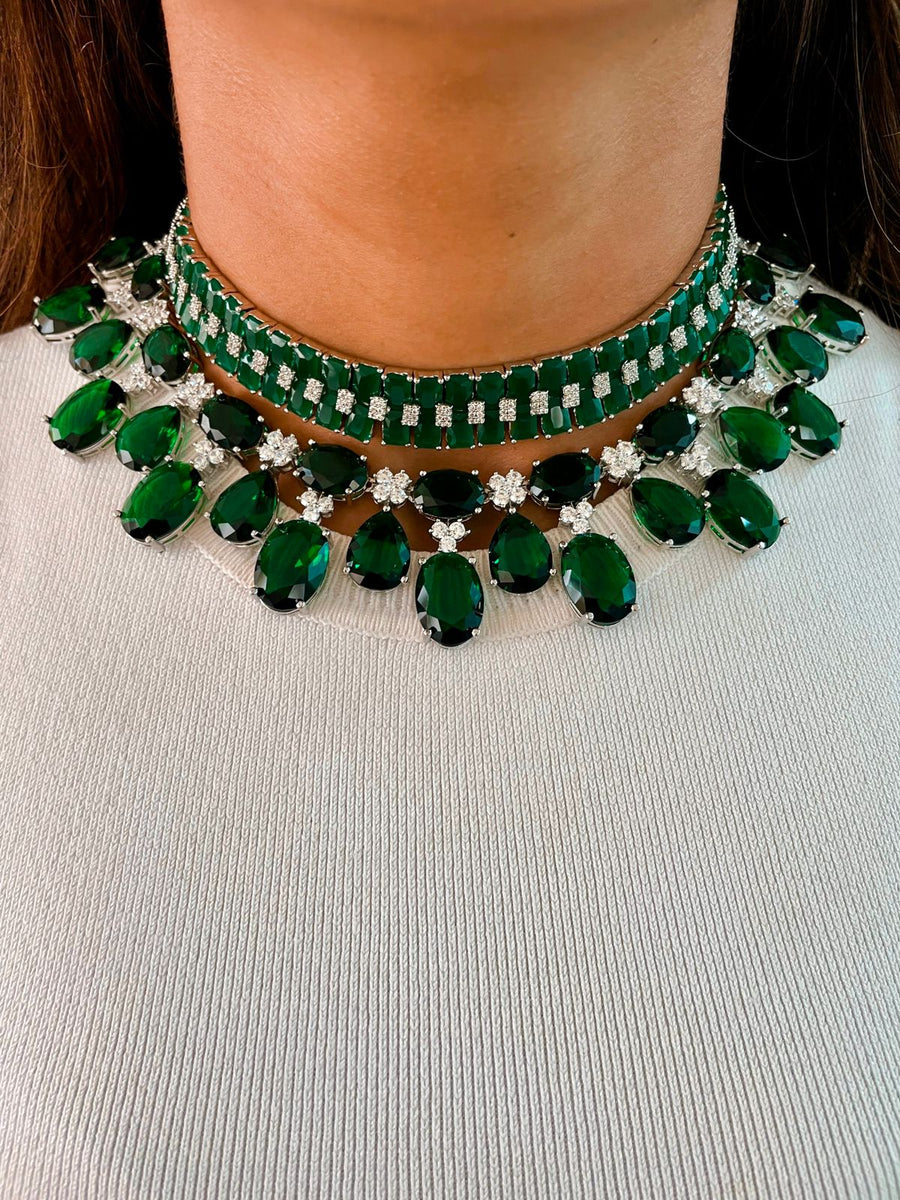 Maharani Beline＆Faguette Emerald Diamonte Choker套件（耳环和项链）