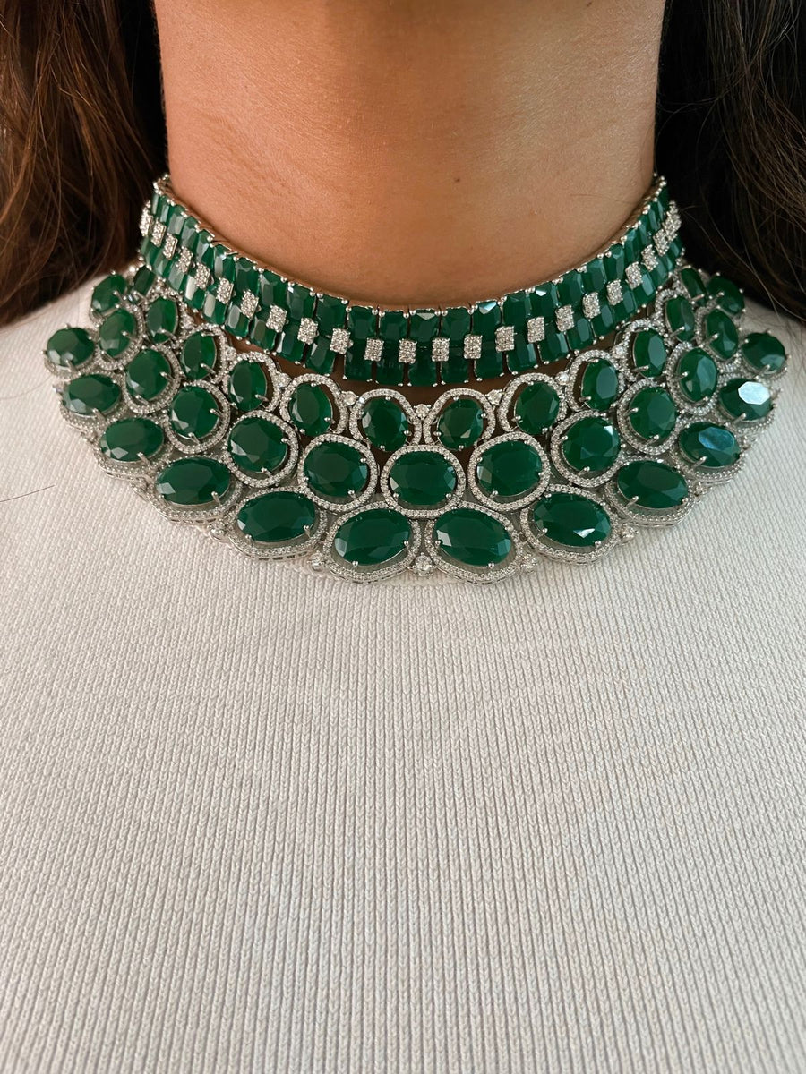 Maharani Emerald Floret & Baguette Emerald Diamonte Choker Set (oorbellen en ketting)