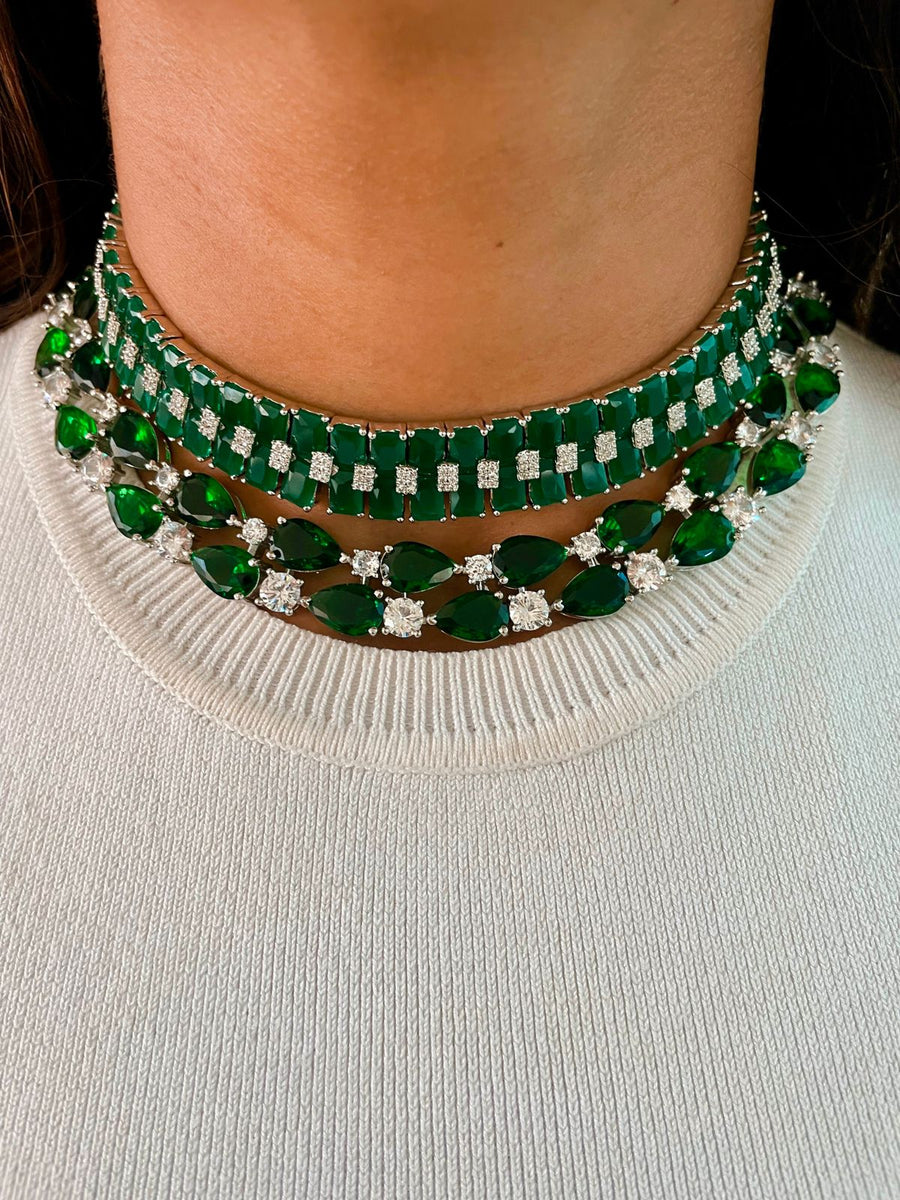 Maharani Reja＆Faguette Emerald Diamonte Choker套件（耳环和项链）