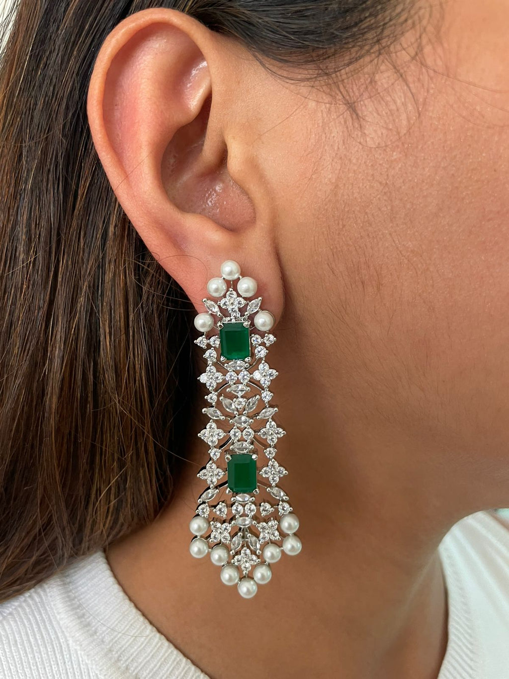 Pearl & Emerald Diamond Choker Necklace Set — worn on model — Prerto