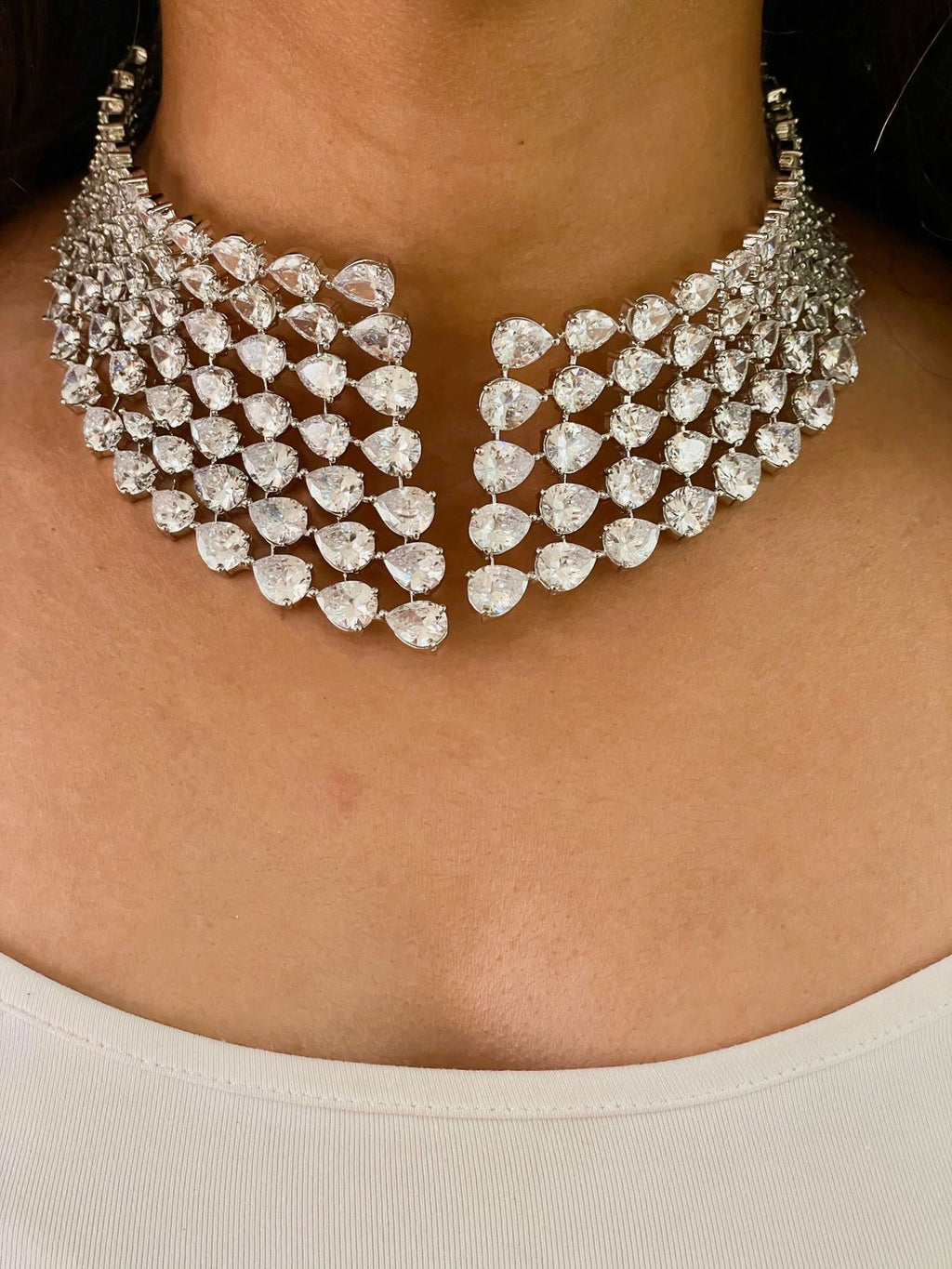 Multi Layered Tear Drop Dimonte Necklace Choker Set — styled view — Prerto