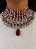 Maharani Ruby Drop Floral & Heart Ruby Diamond Necklace Maharani Set — front view — Prerto