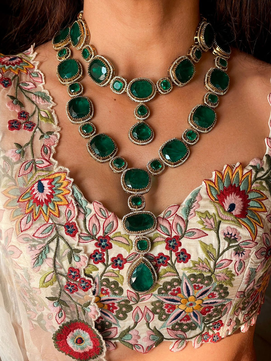 Dual Statement Emerald Golden Diamond Setting Necklace Set (Necklace, Mang Tika & Earrings)
