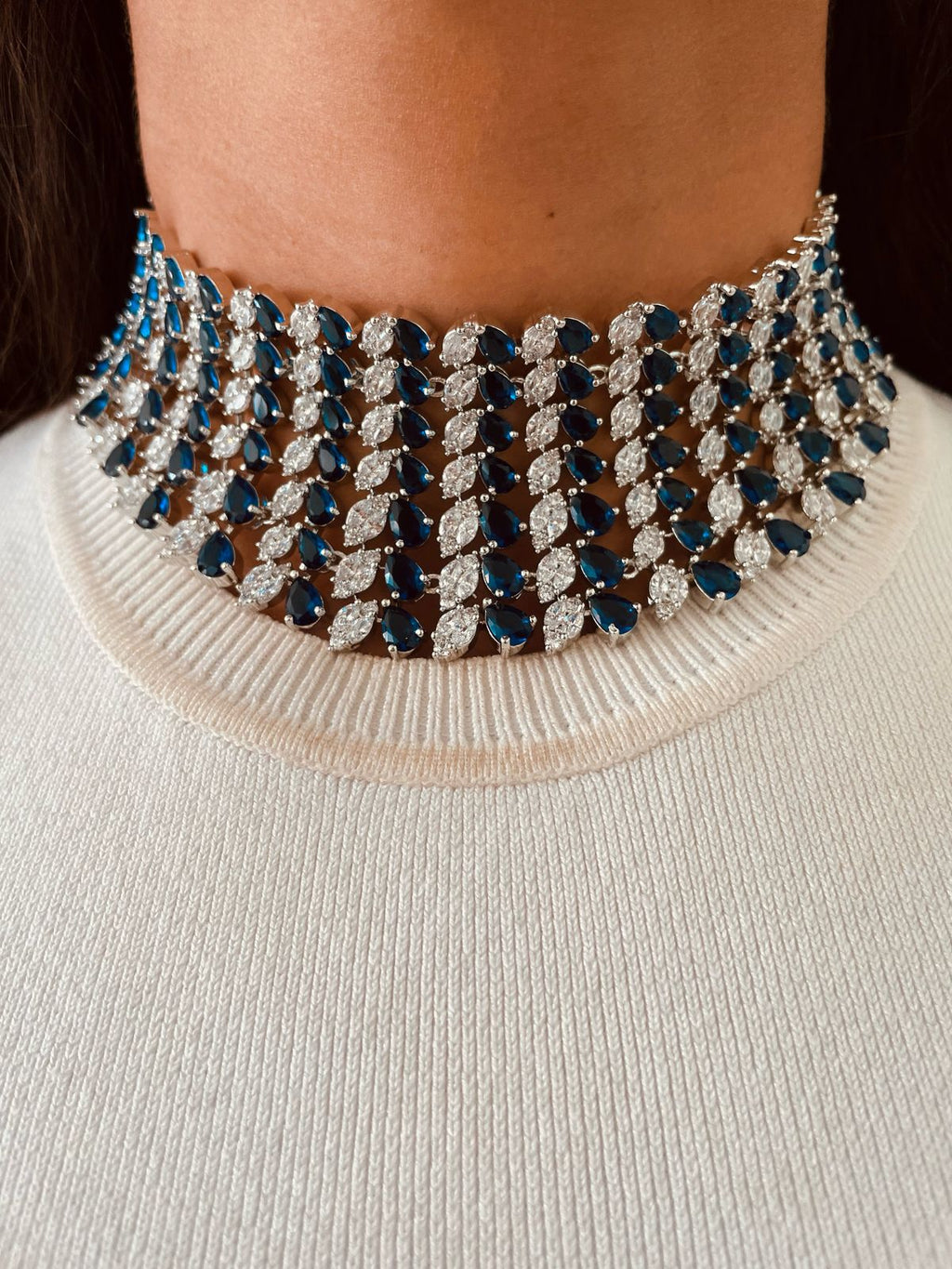 Heart Sapphire & Diamond Necklace Set — front view — Prerto