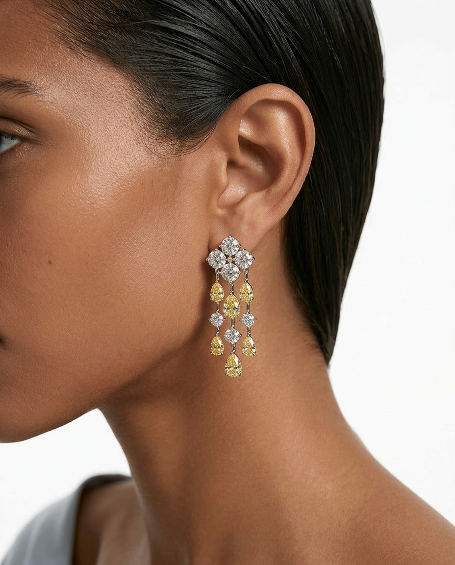 Medha Diamond-Like Zircon with Citrine Drops Single Line Statement Necklace Set (Necklace & Earrings)