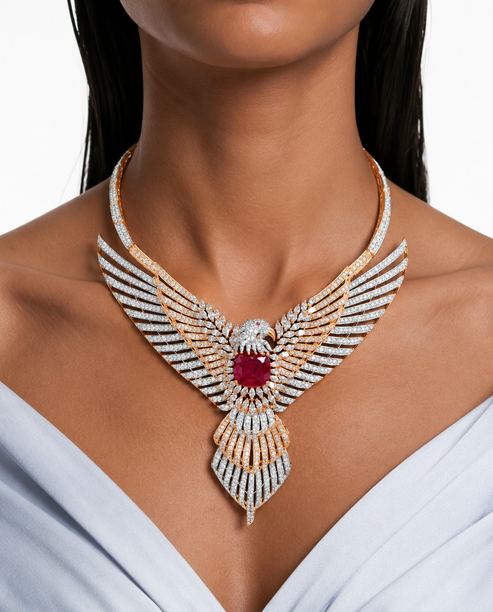 Reeya Ruby Diamond-Like Zircon Eagle Wing Necklace Set – Necklace & Earrings