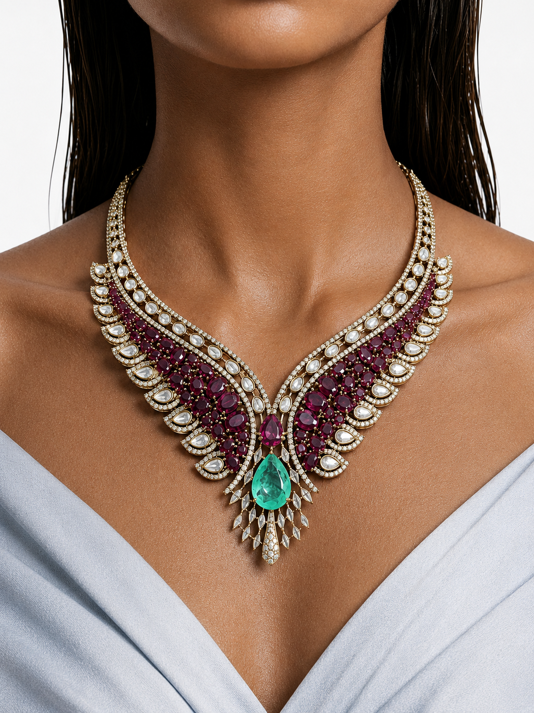 Rosha Ruby & Mint Moissanite Polki Kundan Necklace Set (Necklace & Earrings)