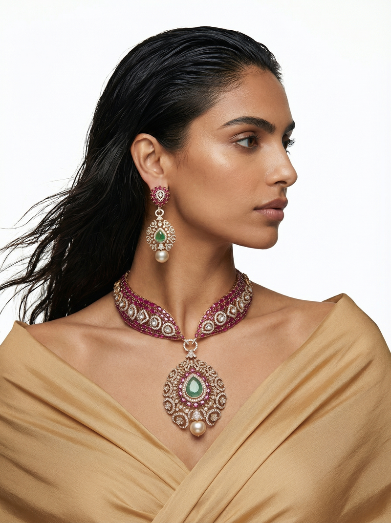 Ruby Emerald Pearl Drop Moissanite Polki Kundan Couture Necklace Set — detail view — Prerto
