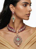 Ruby Emerald Pearl Drop Moissanite Polki Kundan Couture Necklace Set by Prerto