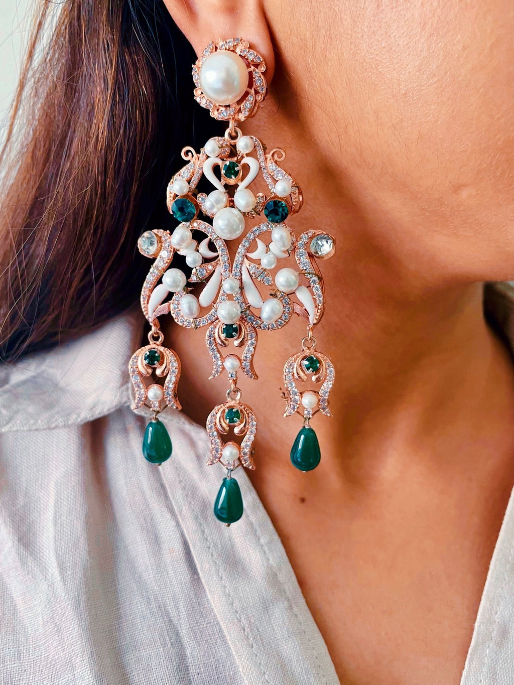Azalea Pearl Green Stone Statement Earrings — worn on model — Prerto