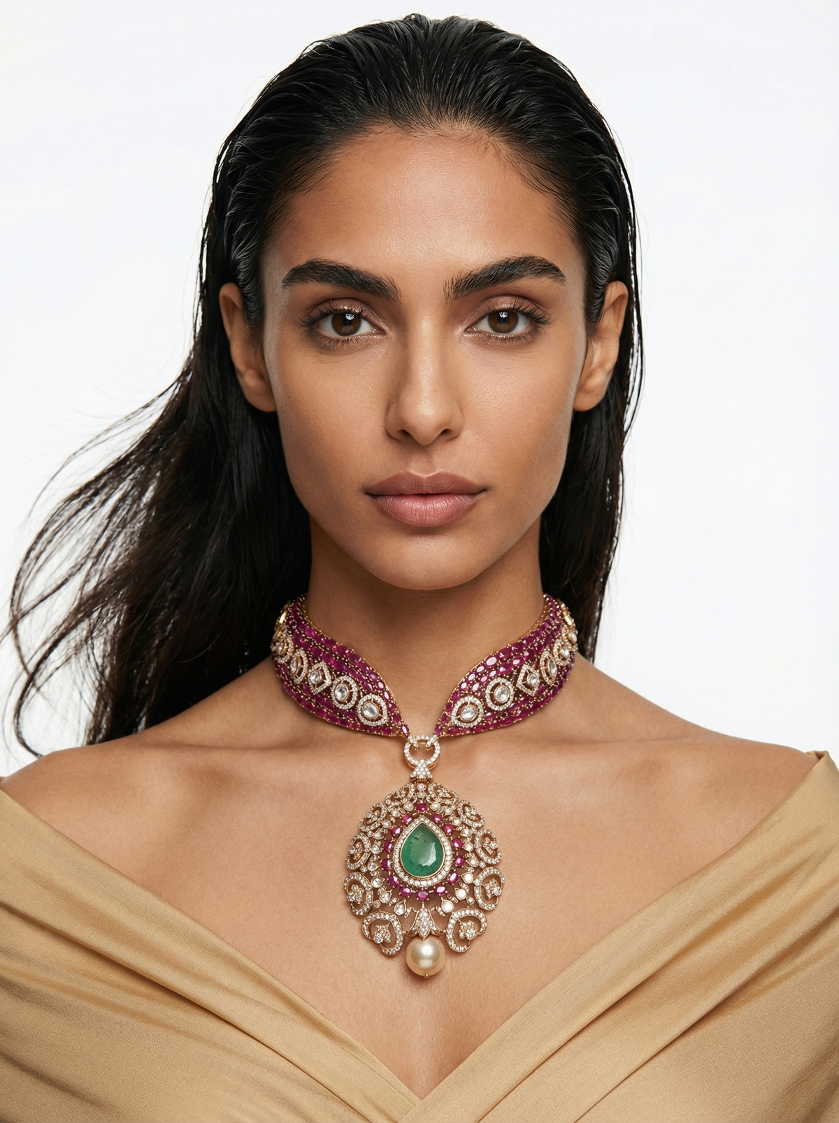 Ruby Emerald Pearl Drop Moissanite Polki Kundan Couture Necklace Set — worn on model — Prerto