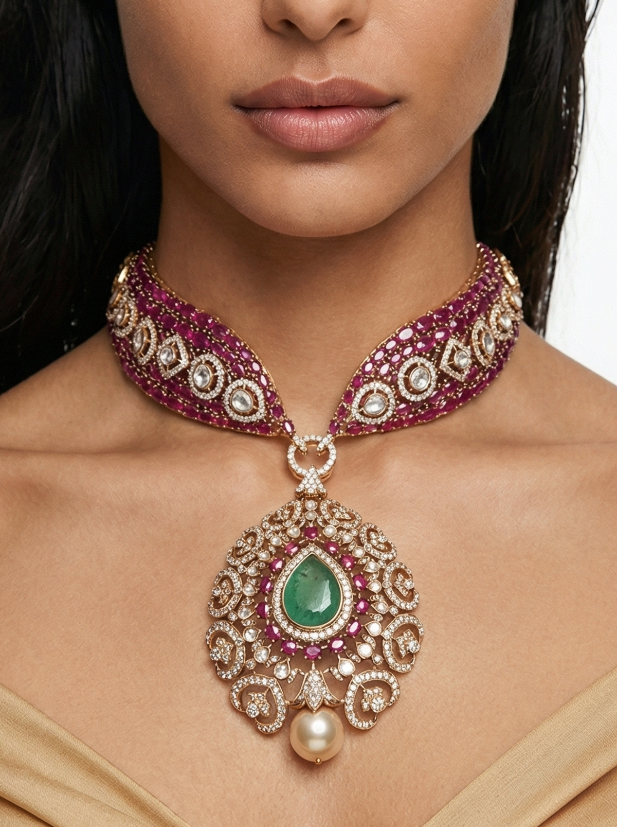 Ruby Emerald Pearl Drop Moissanite Polki Kundan Couture Necklace Set — flat lay — Prerto