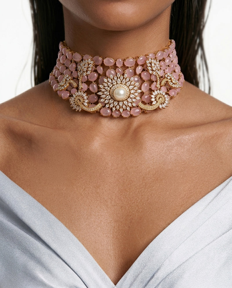 Asiyah Pink Pearl Moissanite Polki Kundan Statement Luxe Necklace Set by Prerto