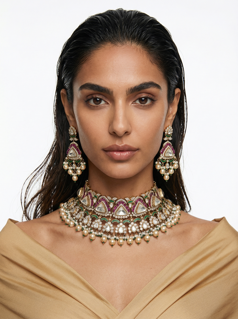Purple Kundan Pearl Drop Polki Emerald Bridal Necklace Set by Prerto — Indian wedding
