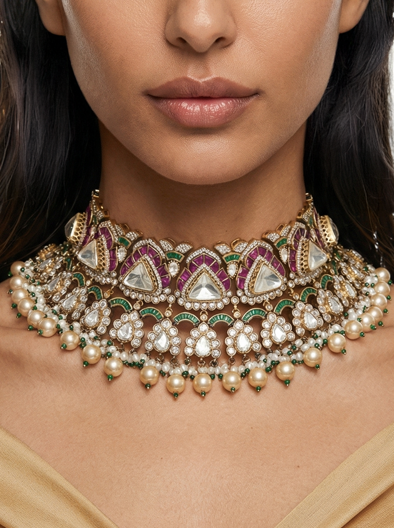 Purple Kundan Pearl Drop Polki Emerald Bridal Necklace Set — worn on model — Prerto