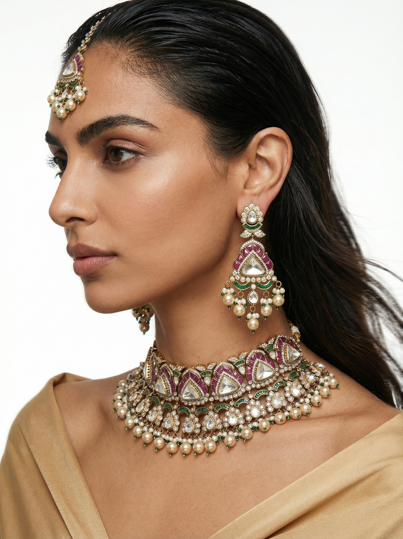 Purple Kundan Pearl Drop Polki Emerald Bridal Necklace Set — flat lay — Prerto
