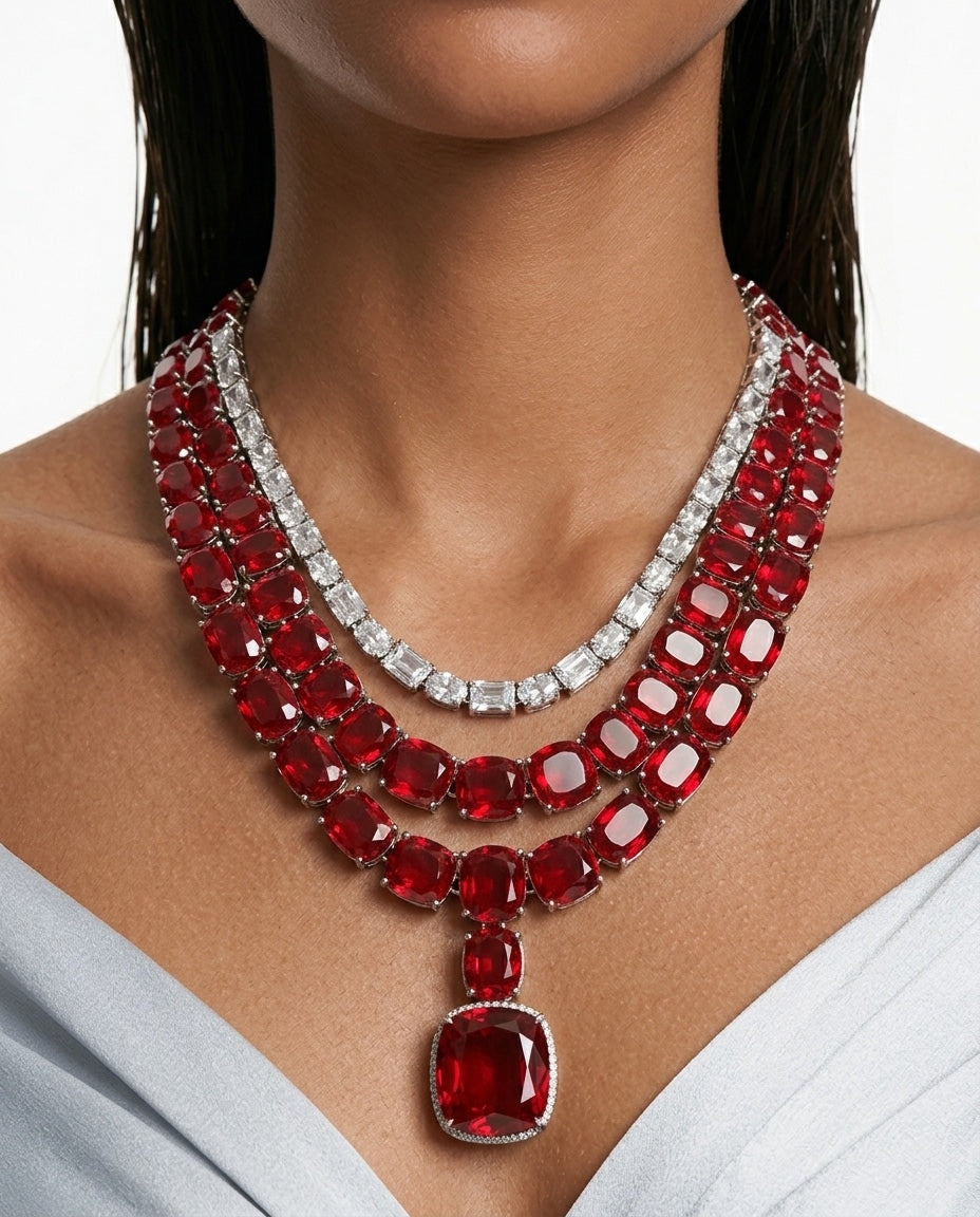 Boulder Ruby Diamond 3 Layer Statement Necklace Set by Prerto