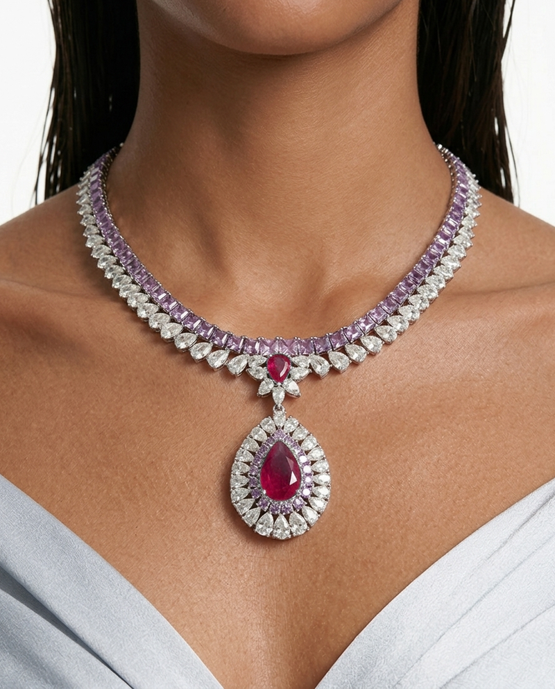 Ishani Purple Diamond Ruby Zircon Pendant Necklace Set by Prerto