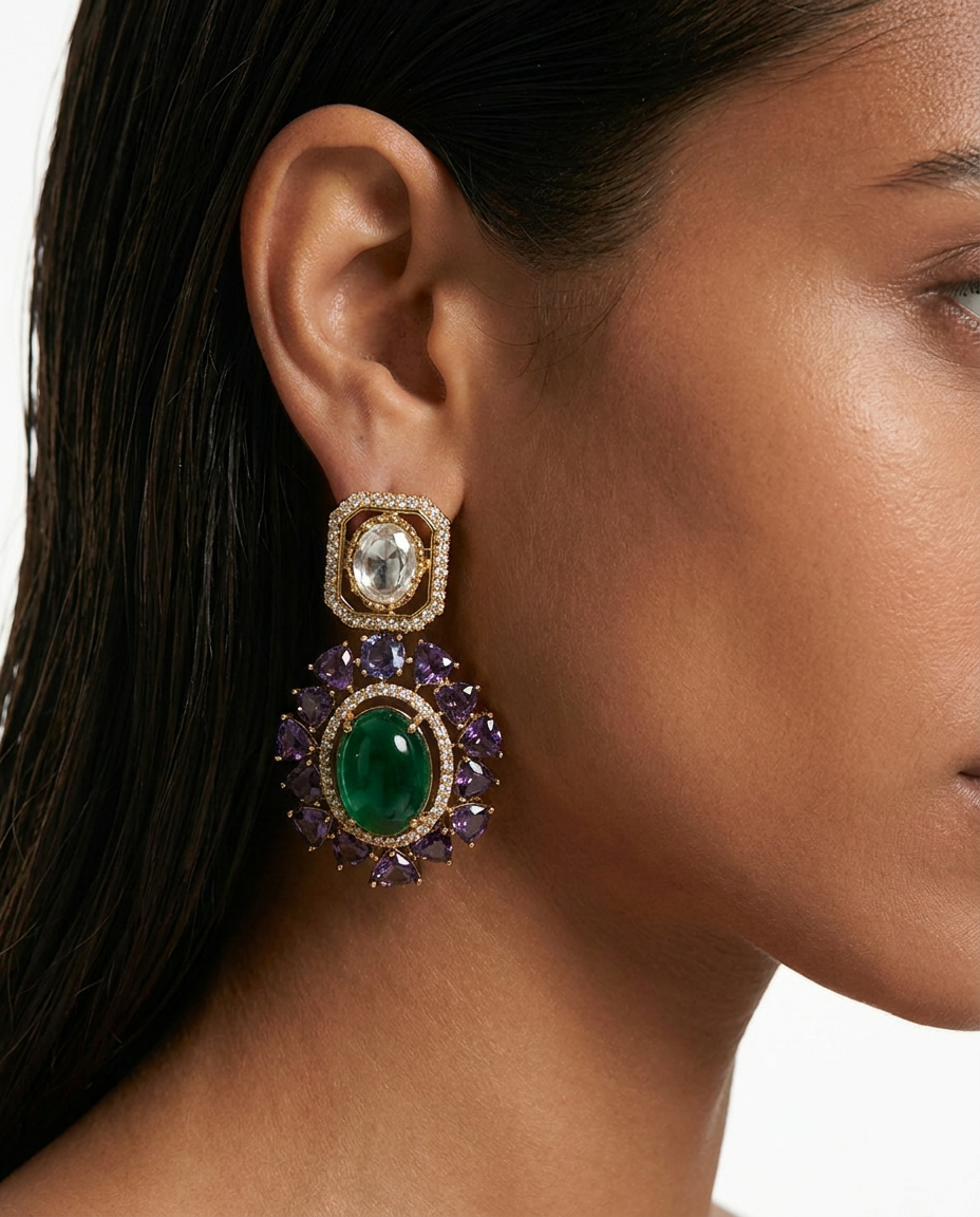 Raya Purple & Emerald Polki Statement Stud Earrings