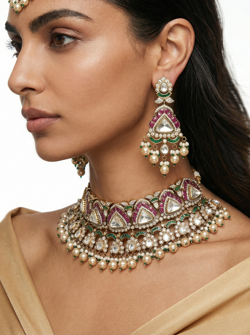 Purple Kundan Pearl Drop Polki Emerald Bridal Necklace Set — detail view — Prerto