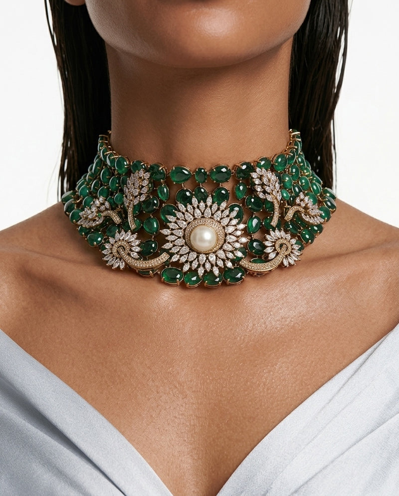 Asiyah Emerald Pearl Moissanite Polki Kundan Statement Luxe Necklace Set by Prerto