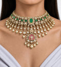 Lafiran Mint Dusky Pink Pearl Moissanite Polki Kundan Necklace Set by Prerto