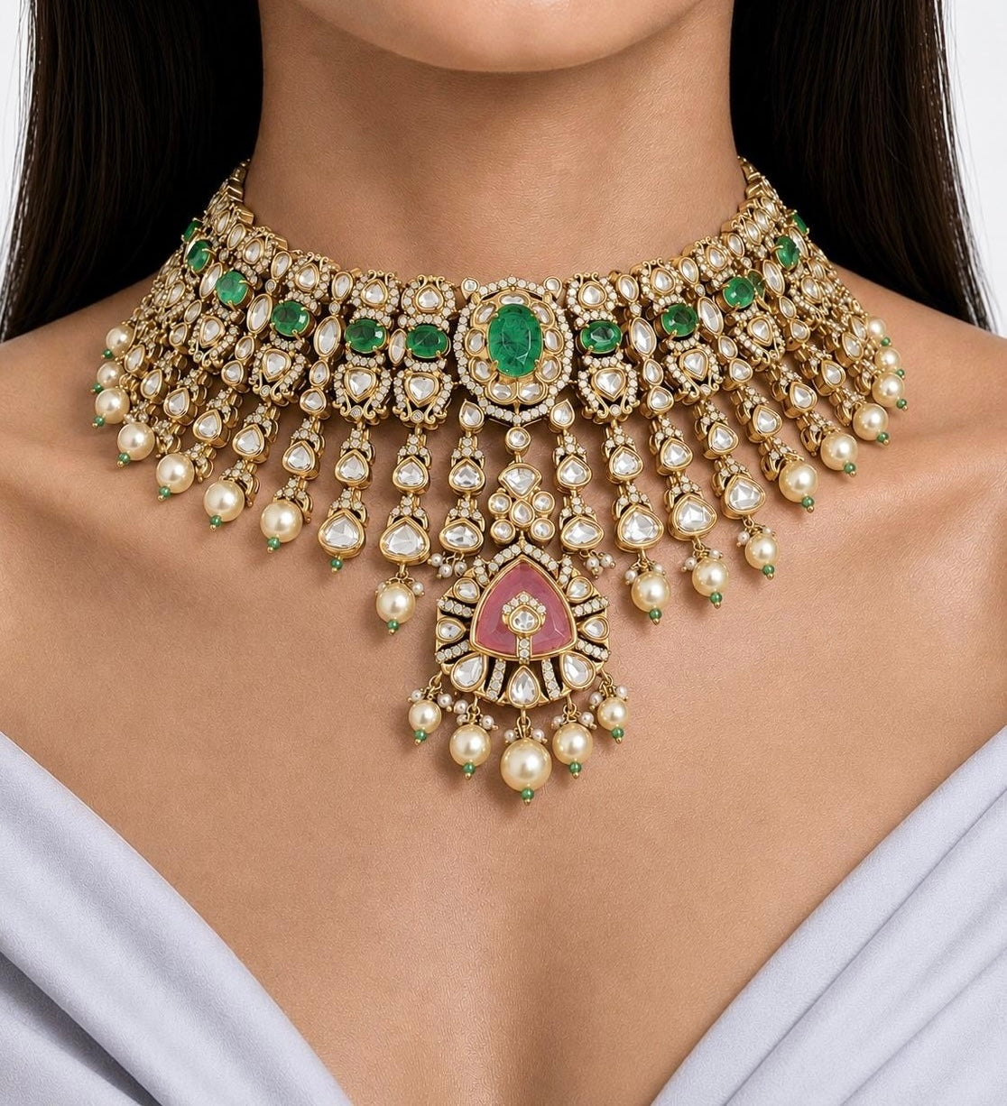 Lafiran Mint Dusky Pink Pearl Moissanite Polki Kundan Necklace Set by Prerto