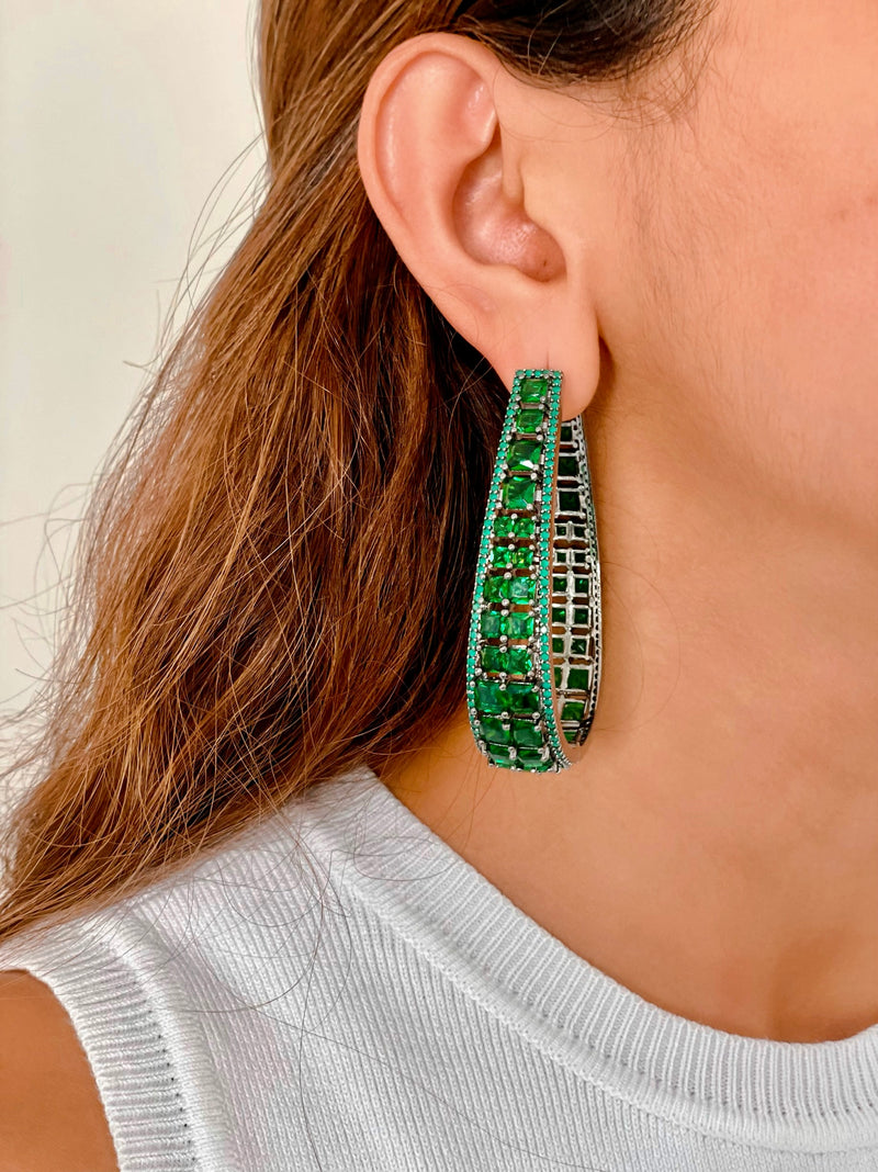 Emerald Abundance Crystal Hoop Earrings — front view — Prerto