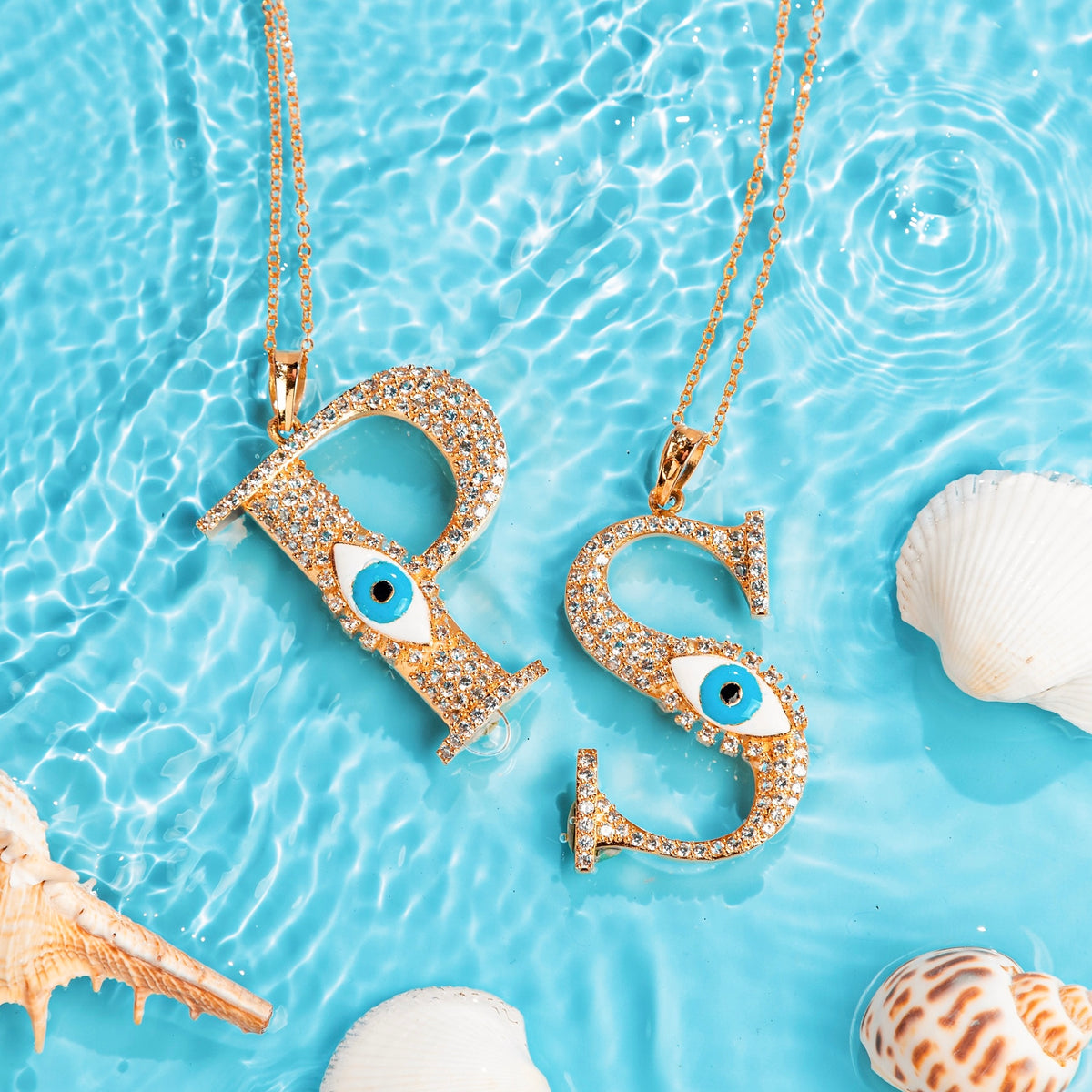 Evil Eye Gold Initial Pendant Necklace — detail view — Prerto