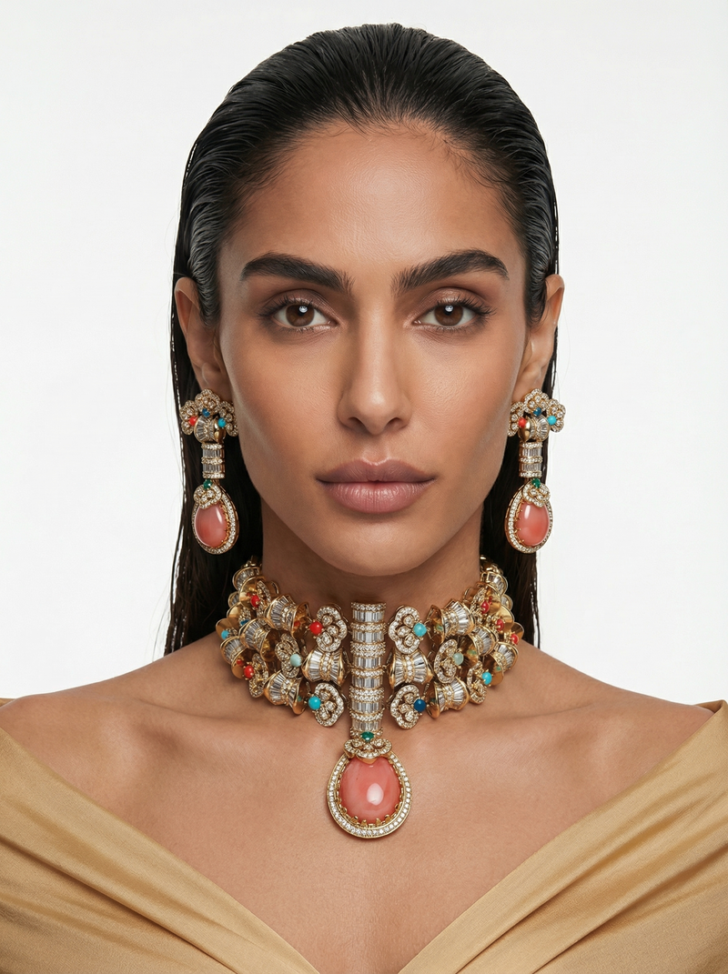 Aish Multicolour Moissanite Couture Choker Necklace Set — front view — Prerto