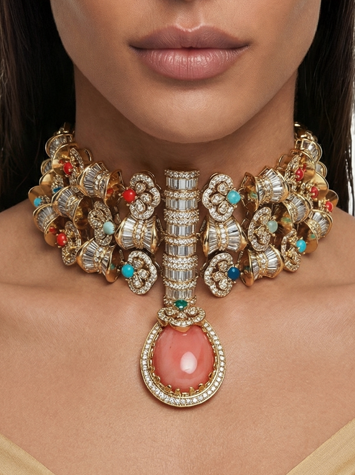 Aish Multicolour Moissanite Couture Choker Necklace Set — detail view — Prerto