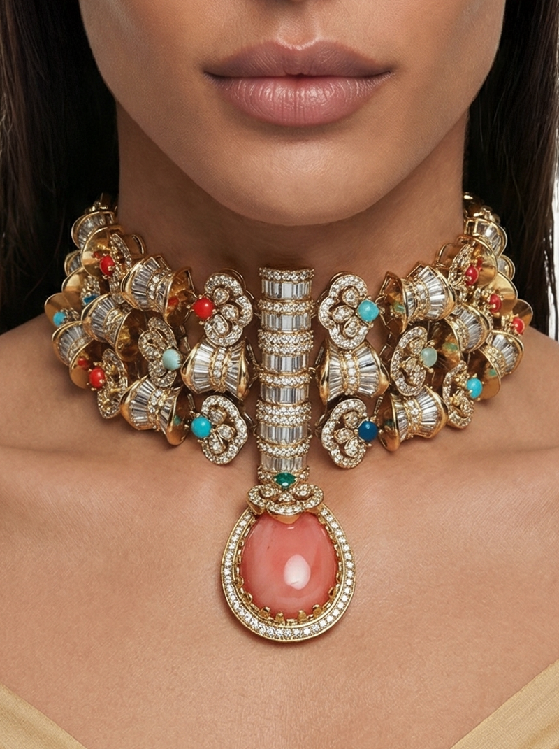 Aish Multicolour Moissanite Couture Choker Necklace Set — detail view — Prerto
