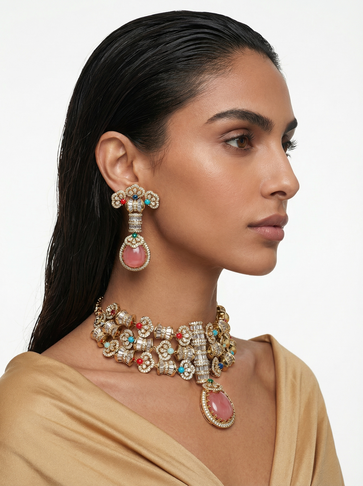 Aish Multicolour Moissanite Couture Choker Necklace Set — worn on model — Prerto