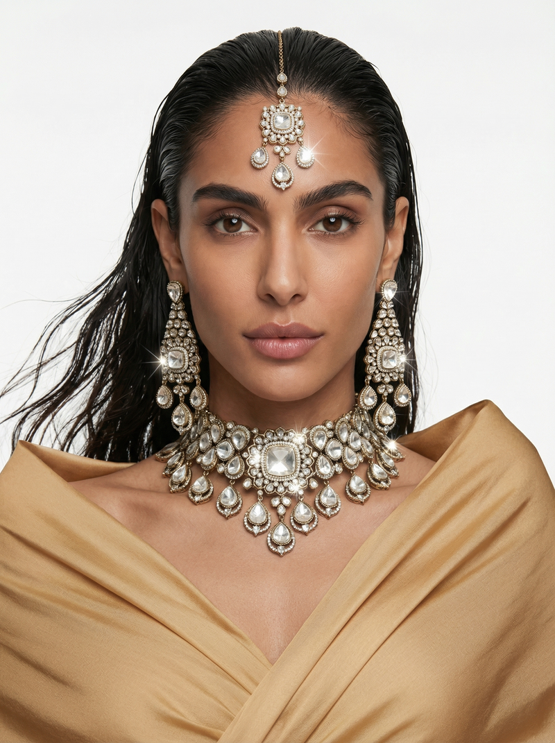 Qamar Moissanite Polki Kundan Diamond Luxe Necklace Earrings Maang Tikka Set — front view — Prerto