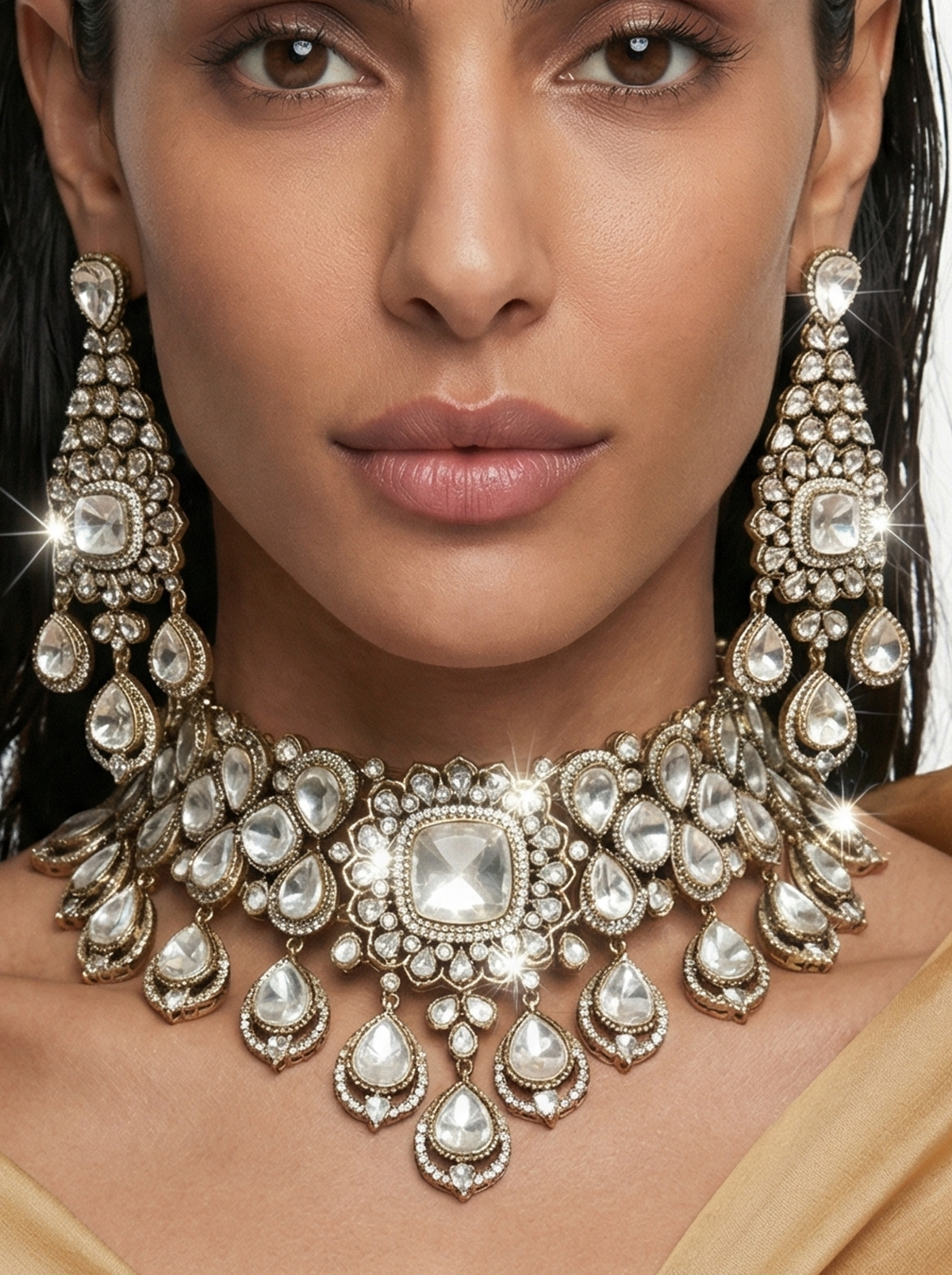 Qamar Moissanite Polki Kundan Diamond Luxe Necklace Earrings Maang Tikka Set — worn on model — Prerto