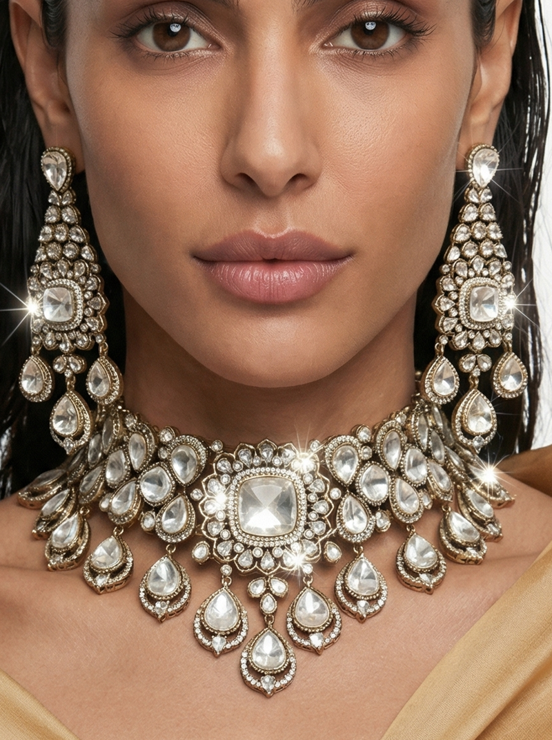 Qamar Moissanite Polki Kundan Diamond Luxe Necklace Earrings Maang Tikka Set — worn on model — Prerto