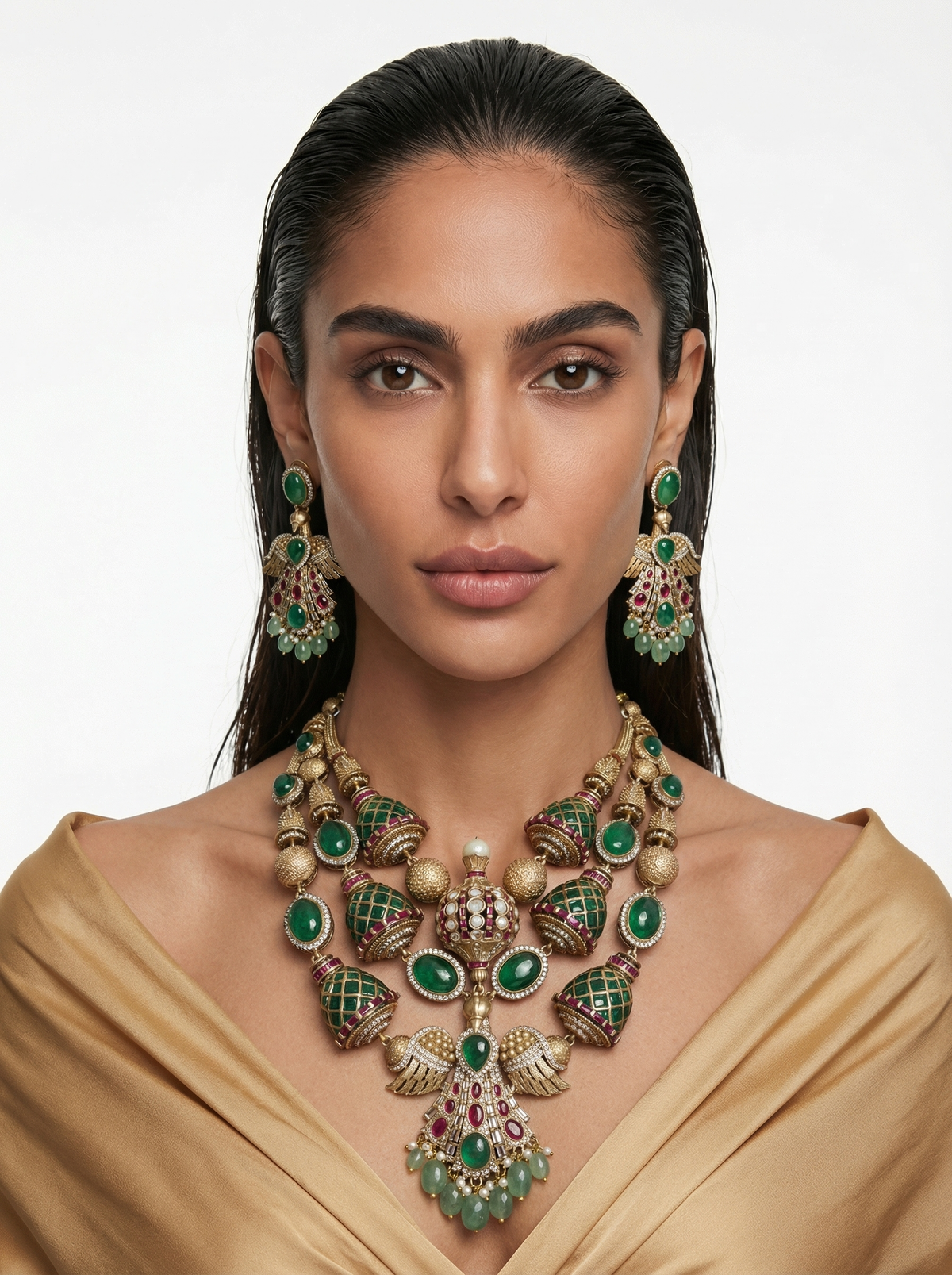 Karima Phoenix Moissanite Polki Kundan Ruby Emerald Diamond Luxe Necklace Set — front view — Prerto