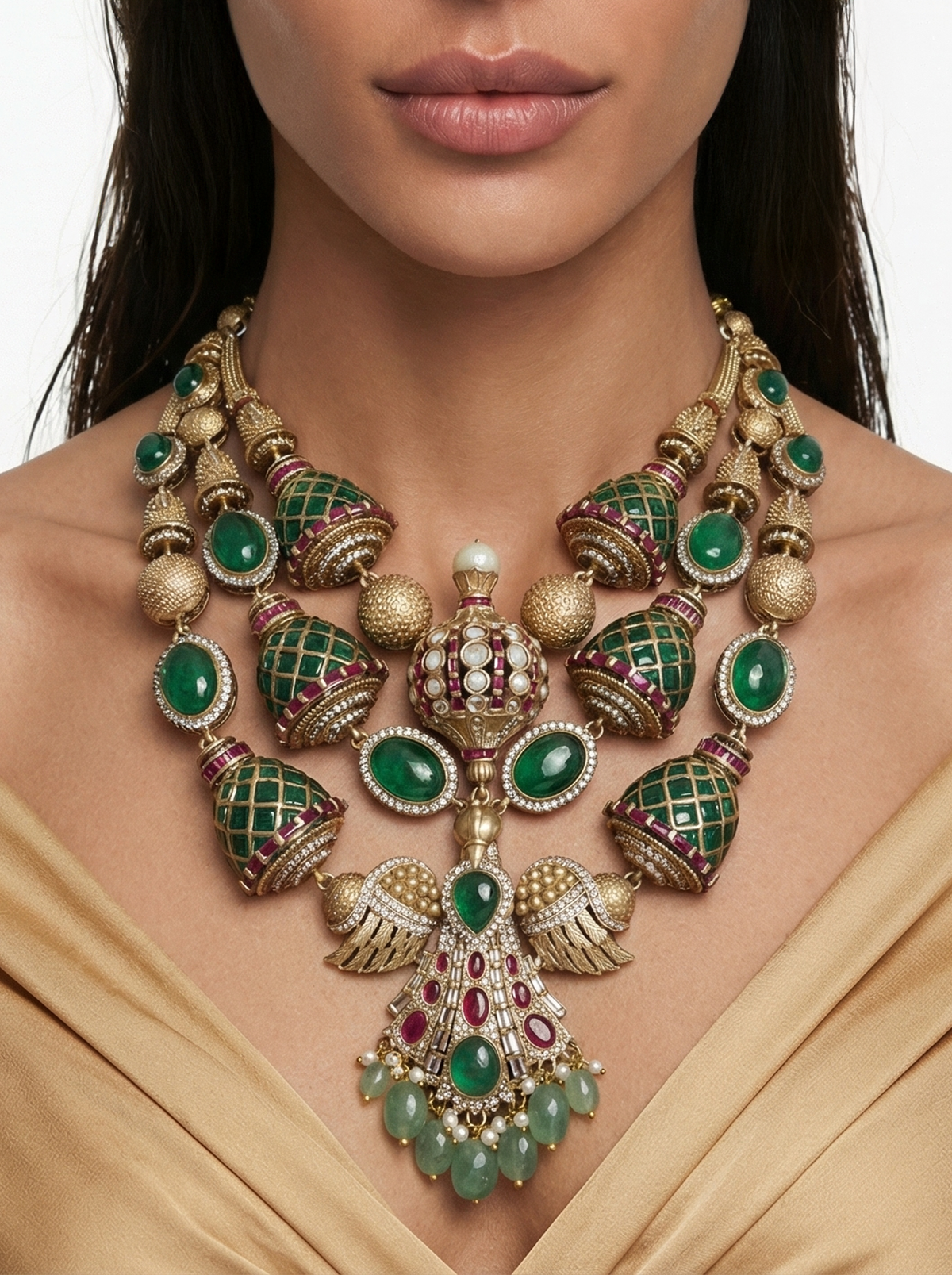 Karima Phoenix Moissanite Polki Kundan Ruby Emerald Diamond Luxe Necklace Set — worn on model — Prerto