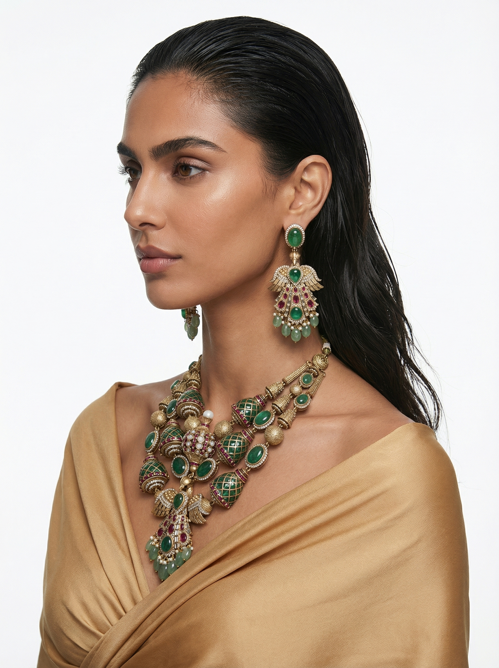 Karima Phoenix Moissanite Polki Kundan Ruby Emerald Diamond Luxe Necklace Set — flat lay — Prerto