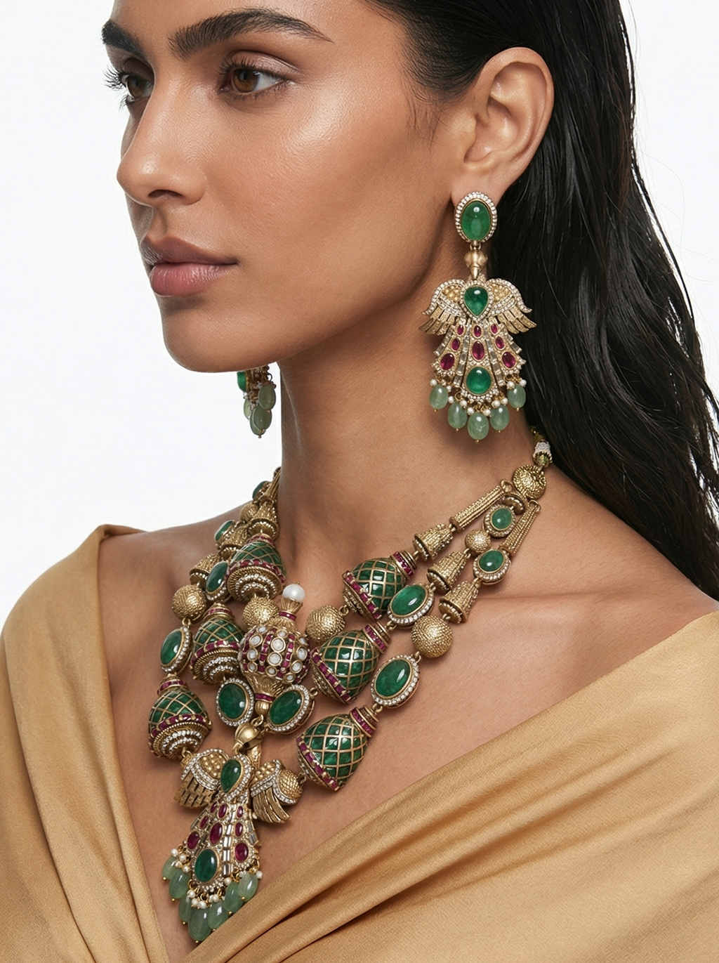 Karima Phoenix Moissanite Polki Kundan Ruby Emerald Diamond Luxe Necklace Set — detail view — Prerto