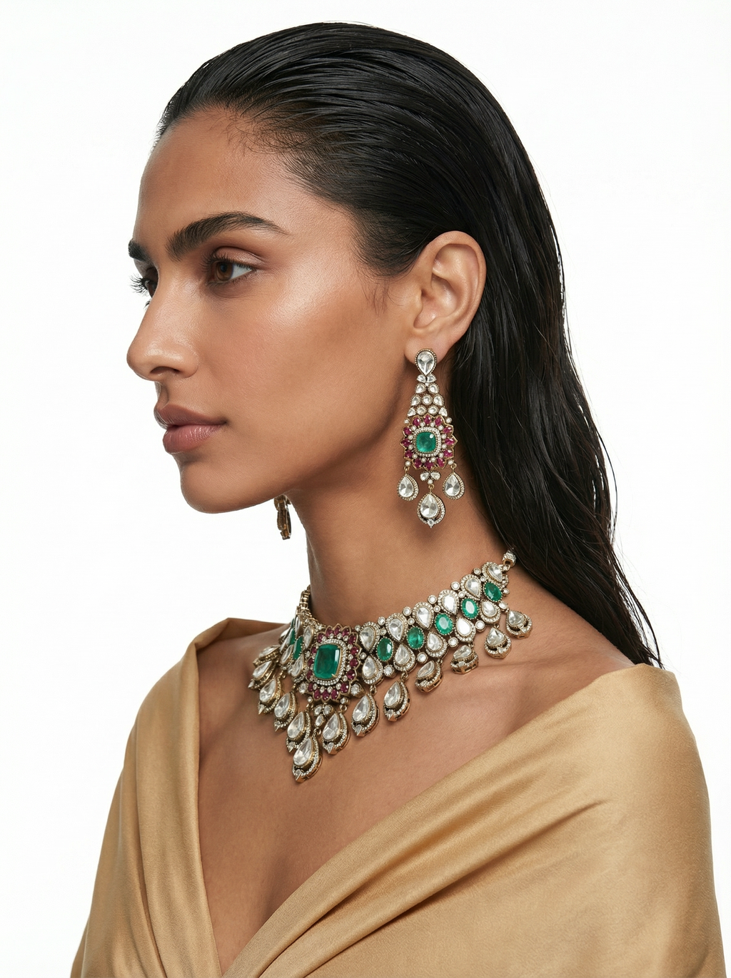 Qamar Emerald Ruby Moissanite Polki Kundan Diamond Luxe Necklace Set — detail view — Prerto