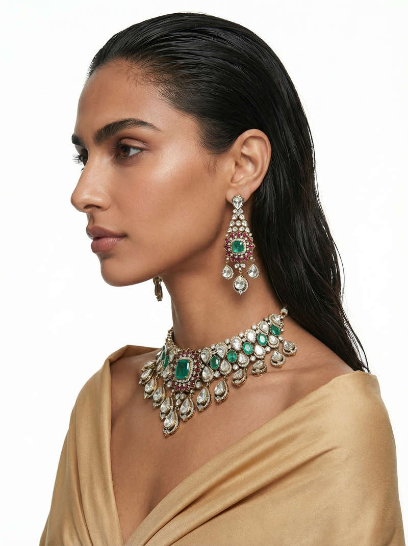 Qamar Emerald Ruby Moissanite Polki Kundan Diamond Luxe Necklace Set — detail view — Prerto