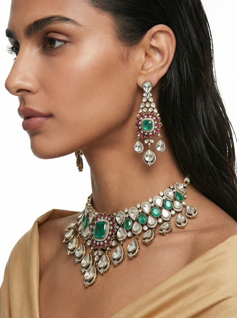 Qamar Emerald Ruby Moissanite Polki Kundan Diamond Luxe Necklace Set — worn on model — Prerto