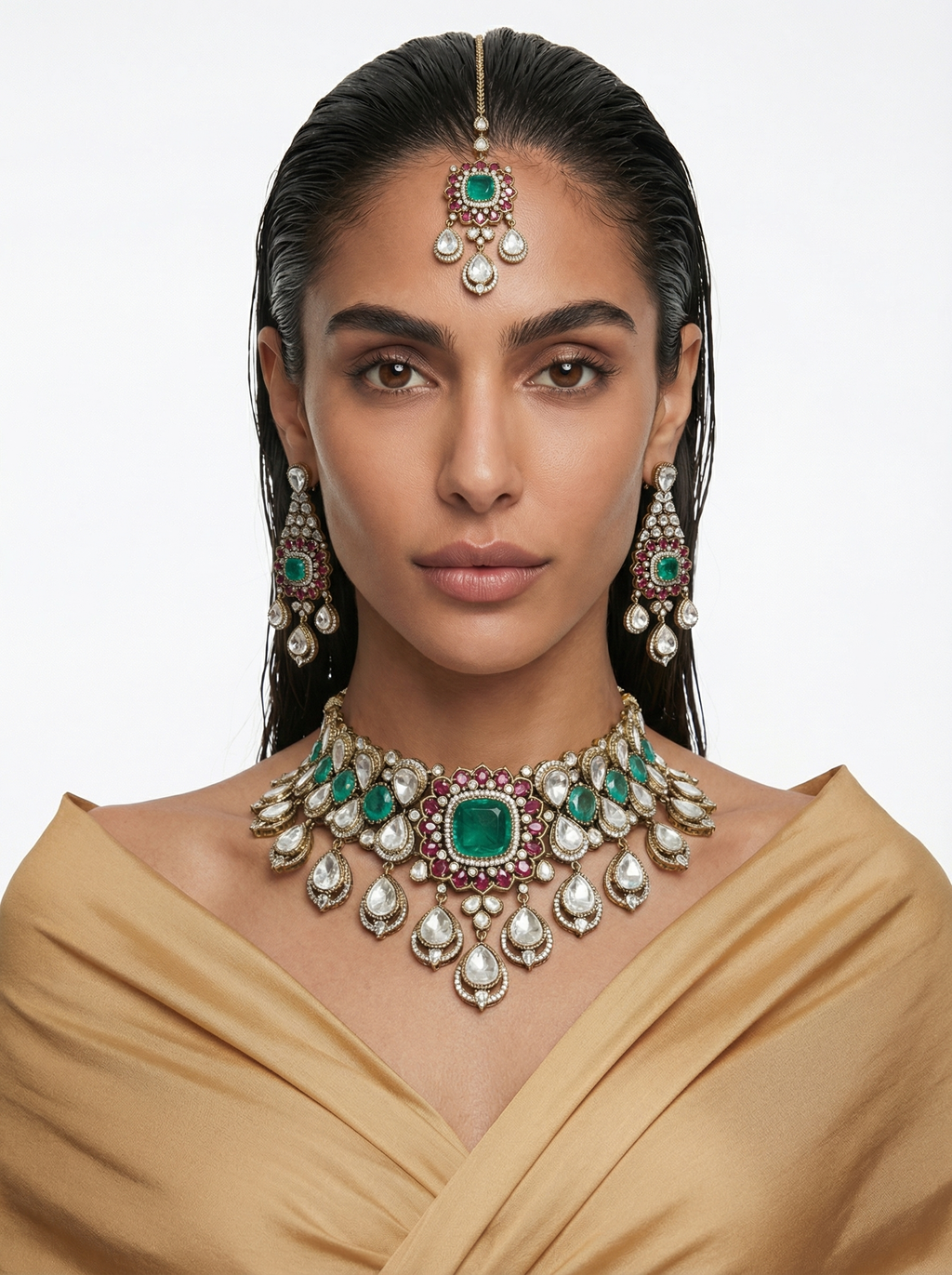 Qamar Emerald Ruby Moissanite Polki Kundan Diamond Luxe Necklace Set — front view — Prerto